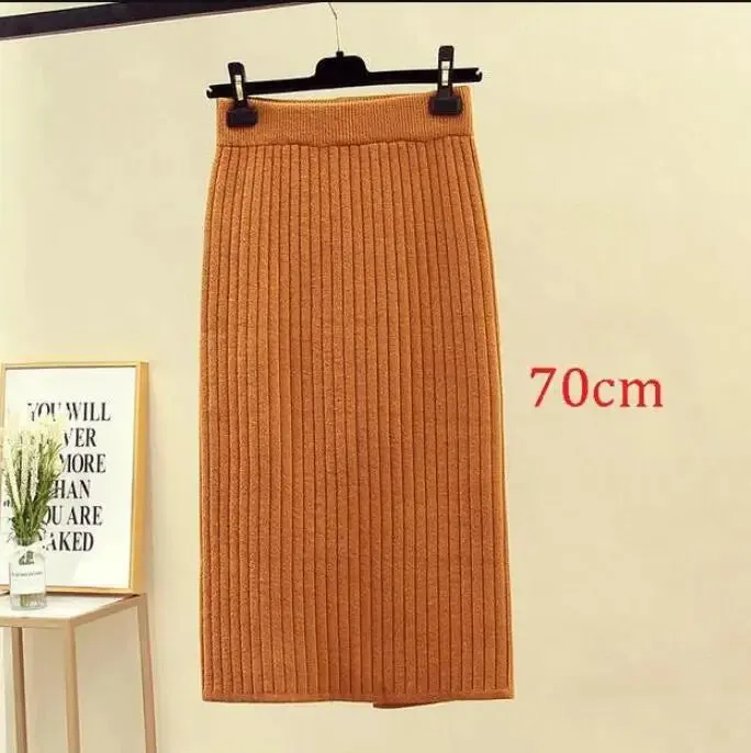 2022 Women's Spring Pencil Knitted Skirt High Waist Warm Elegant Knitting Ribbed Party Skirt Black Solid Ladies Office Skirts