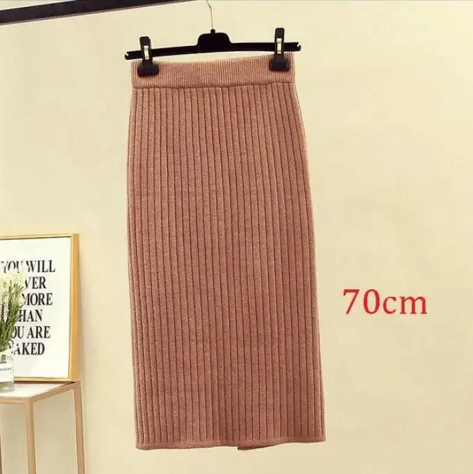 2022 Women's Spring Pencil Knitted Skirt High Waist Warm Elegant Knitting Ribbed Party Skirt Black Solid Ladies Office Skirts