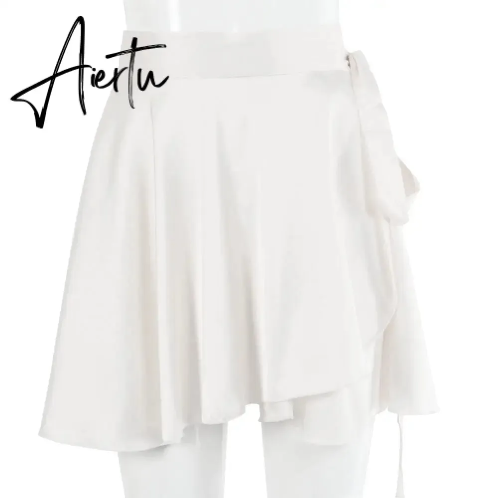 Aiertu  Casual Satin Two Piece Dress Set For Women White O-neck Button Top Bandage Mini Pencil Skirts Outfits Fashion Party Suit