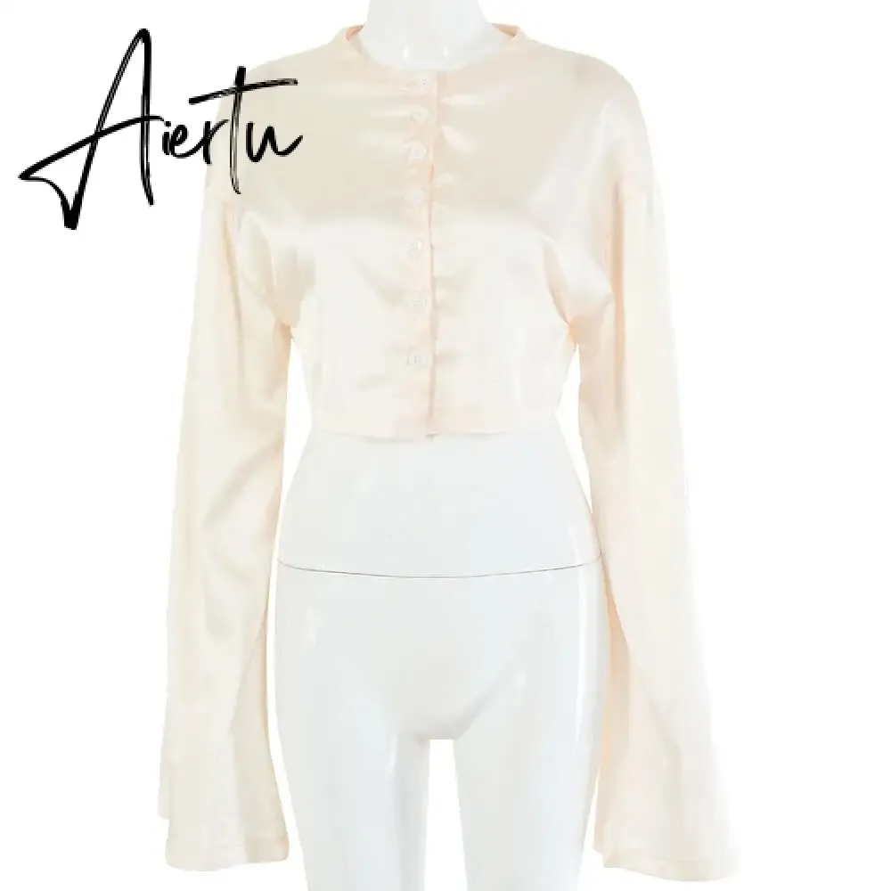 Aiertu  Casual Satin Two Piece Dress Set For Women White O-neck Button Top Bandage Mini Pencil Skirts Outfits Fashion Party Suit