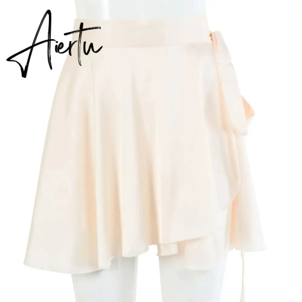 Aiertu  Casual Satin Two Piece Dress Set For Women White O-neck Button Top Bandage Mini Pencil Skirts Outfits Fashion Party Suit