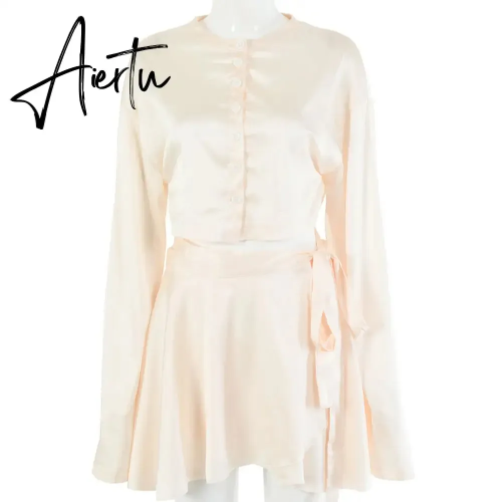 Aiertu  Casual Satin Two Piece Dress Set For Women White O-neck Button Top Bandage Mini Pencil Skirts Outfits Fashion Party Suit