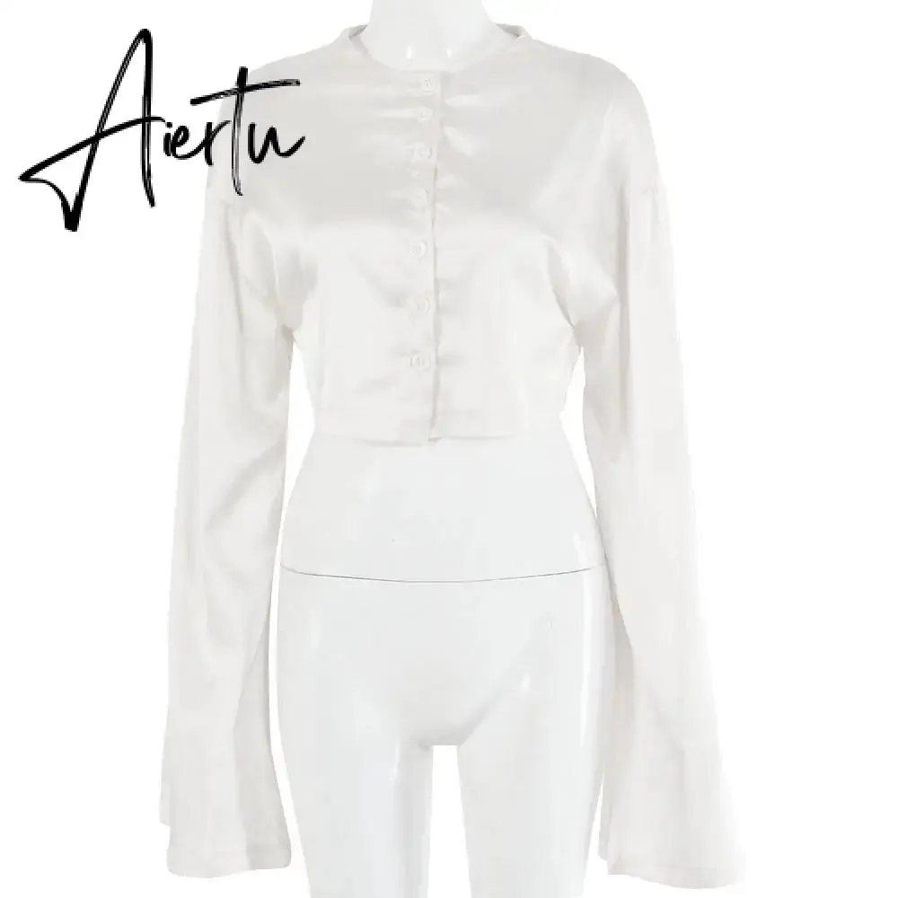 Aiertu  Casual Satin Two Piece Dress Set For Women White O-neck Button Top Bandage Mini Pencil Skirts Outfits Fashion Party Suit