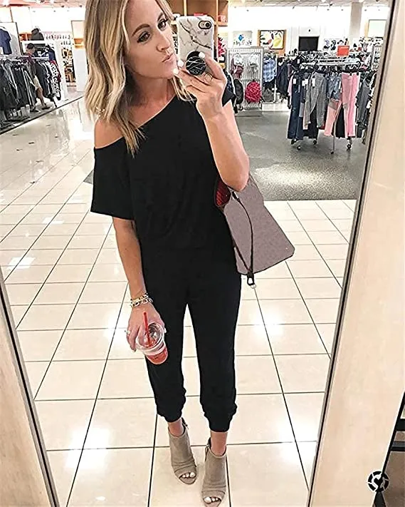 Black Sleeveless Summer Jumpsuit Rompers Off Shoulder for Women with Pockets Casual Elastic Waist - KAY SINN