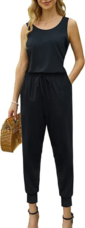 Black Sleeveless Summer Jumpsuit Rompers Off Shoulder for Women with Pockets Casual Elastic Waist - KAY SINN