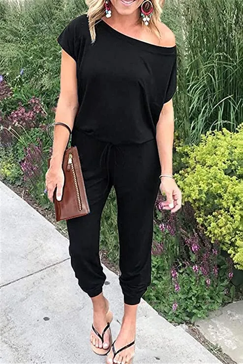 Black Sleeveless Summer Jumpsuit Rompers Off Shoulder for Women with Pockets Casual Elastic Waist - KAY SINN