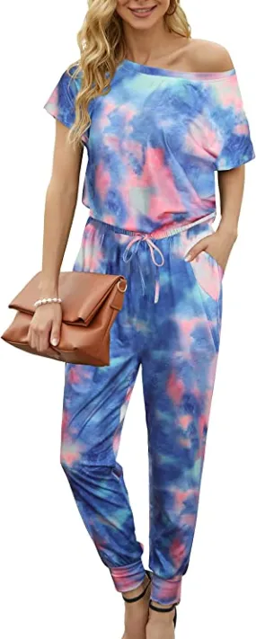 Blue Piece Summer Jumpsuit Rompers Off Shoulder for Women with Pockets Casual Elastic Waist - KAY SINN