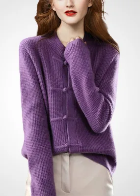 Boho Purple O-Neck Oriental Button Wool Knit Cardigans Winter