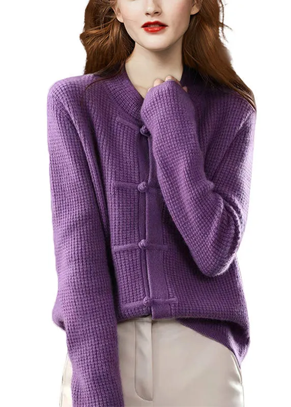 Boho Purple O-Neck Oriental Button Wool Knit Cardigans Winter