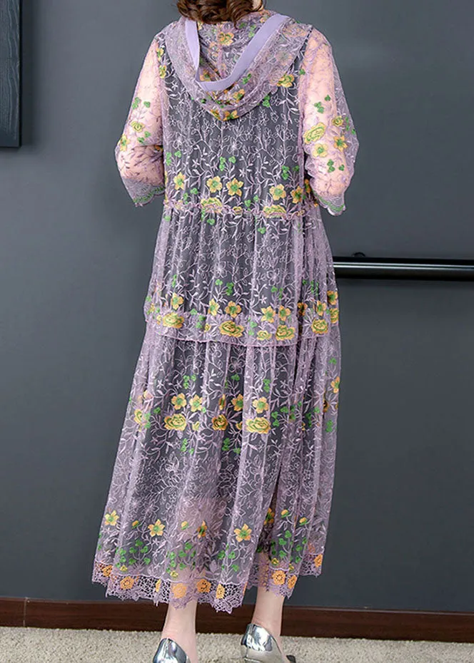 Boutique Purple Hooded Embroideried Patchwork Tulle Cardigans Summer LY9141