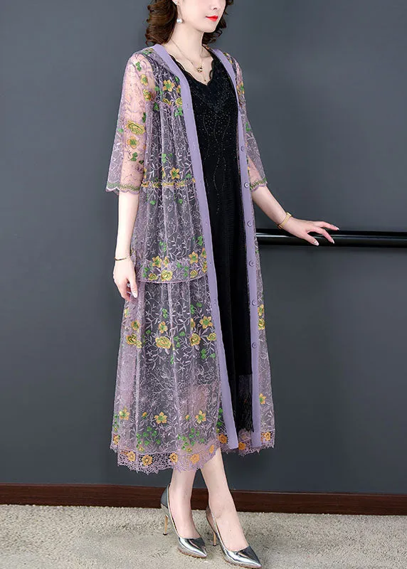 Boutique Purple Hooded Embroideried Patchwork Tulle Cardigans Summer LY9141