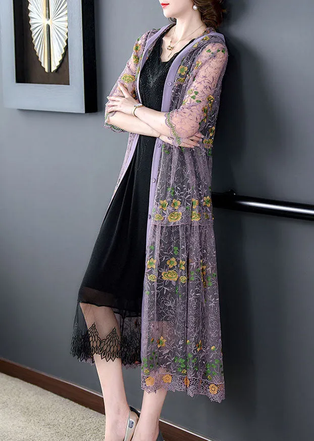 Boutique Purple Hooded Embroideried Patchwork Tulle Cardigans Summer LY9141