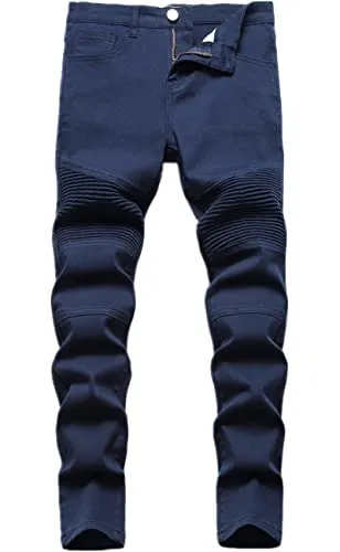 Boys Stylish Moto Biker Skinny Ripped Wrinkled Stretch Fit Light Blue Denim Jeans,Light Blue