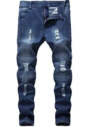 Boys Stylish Moto Biker Skinny Ripped Wrinkled Stretch Fit Light Blue Denim Jeans,Light Blue