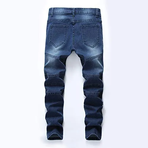 Boys Stylish Moto Biker Skinny Ripped Wrinkled Stretch Fit Light Blue Denim Jeans,Light Blue