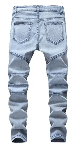 Boys Stylish Moto Biker Skinny Ripped Wrinkled Stretch Fit Light Blue Denim Jeans,Light Blue