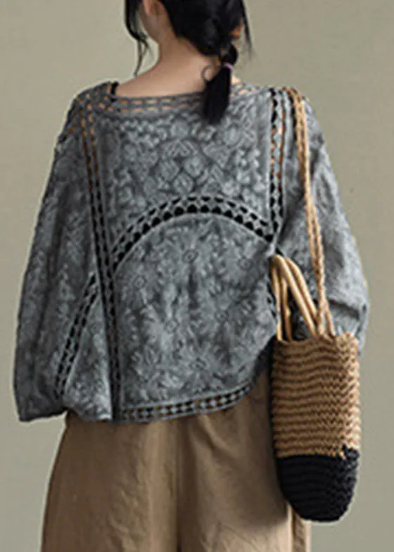 Casual Grey Black Hollow Out Embroideried Cardigans Batwing Sleeve