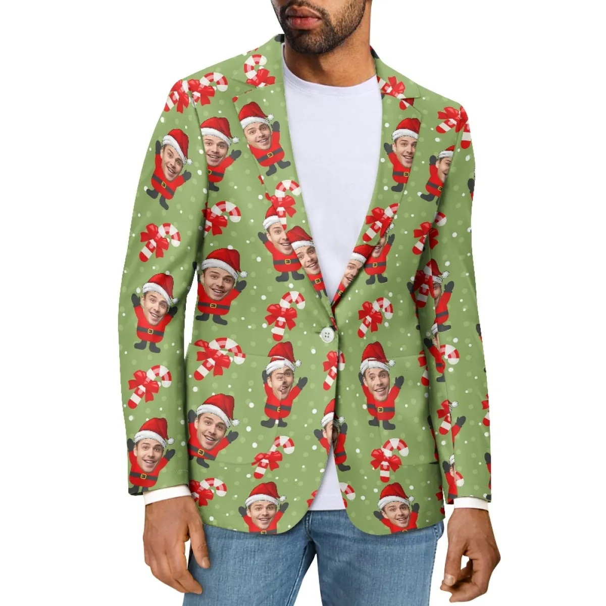 Custom Face Christmas Hat Green Blazers Ties Personalized Jacket Casual Coats For Men Women