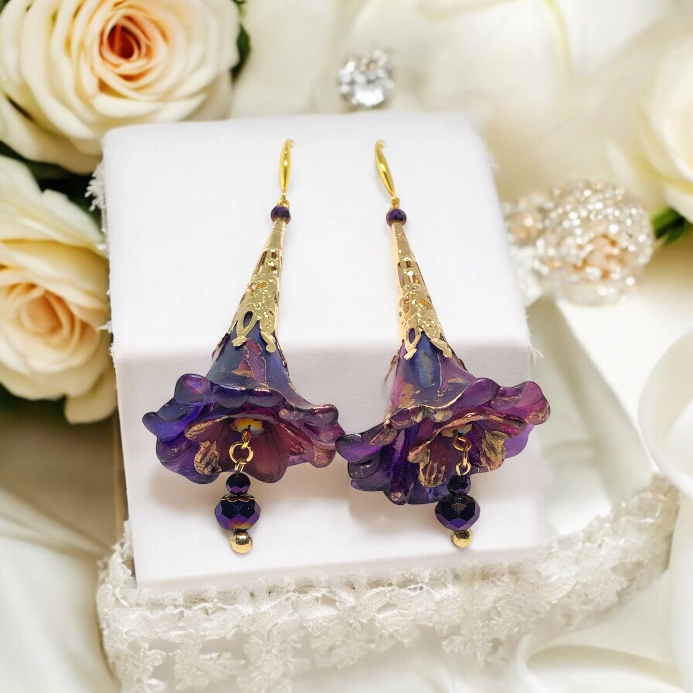 Deluxe Amethyst Bloom Bohemian Purple Gold Earrings