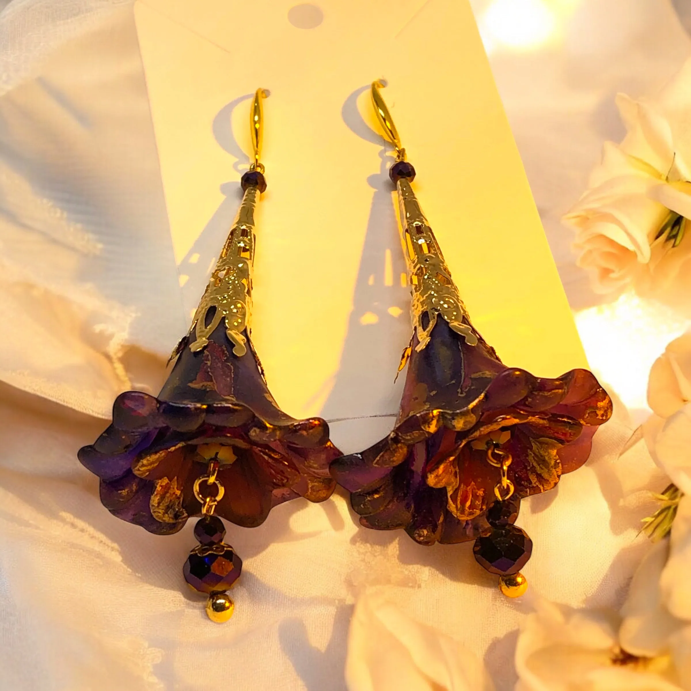 Deluxe Amethyst Bloom Bohemian Purple Gold Earrings