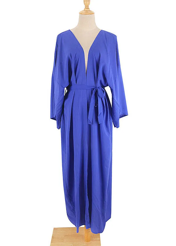 Elegant Blue Tie Waist Solid Maxi Holiday Cardigans Summer LY3036