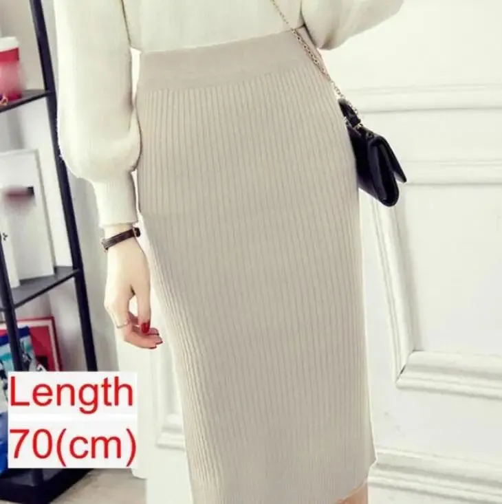 Elegant Midi Knitted Skirts Women 2023 Autumn Winter Ladies Korean High Waist Pencil Skirt Black Warm Long Skirt Jupe Femme