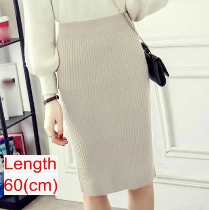 Elegant Midi Knitted Skirts Women 2023 Autumn Winter Ladies Korean High Waist Pencil Skirt Black Warm Long Skirt Jupe Femme