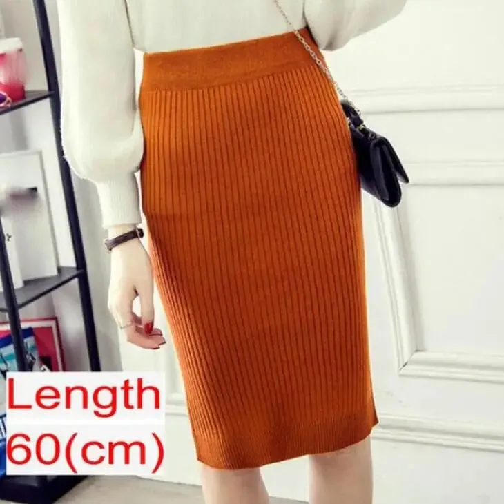 Elegant Midi Knitted Skirts Women 2023 Autumn Winter Ladies Korean High Waist Pencil Skirt Black Warm Long Skirt Jupe Femme