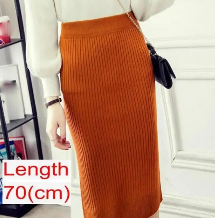 Elegant Midi Knitted Skirts Women 2023 Autumn Winter Ladies Korean High Waist Pencil Skirt Black Warm Long Skirt Jupe Femme