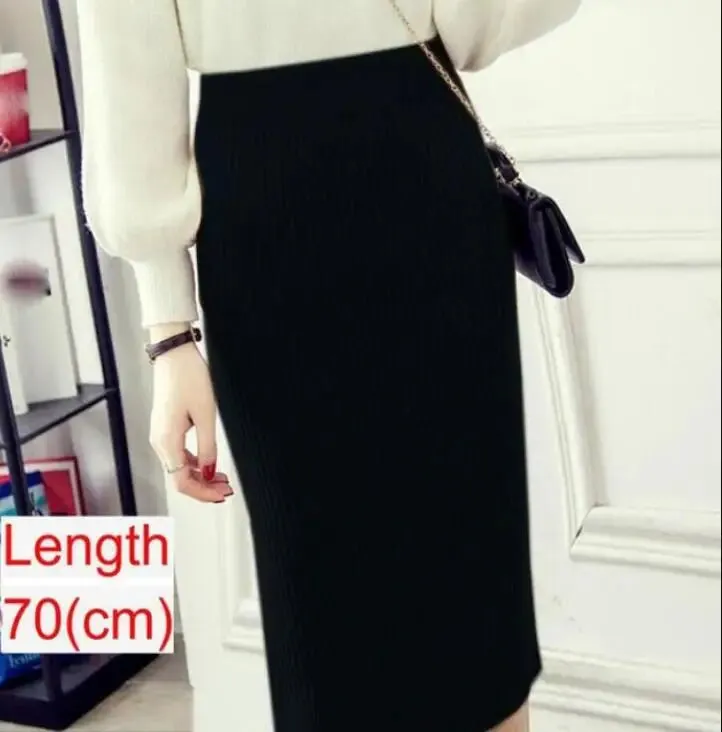 Elegant Midi Knitted Skirts Women 2023 Autumn Winter Ladies Korean High Waist Pencil Skirt Black Warm Long Skirt Jupe Femme