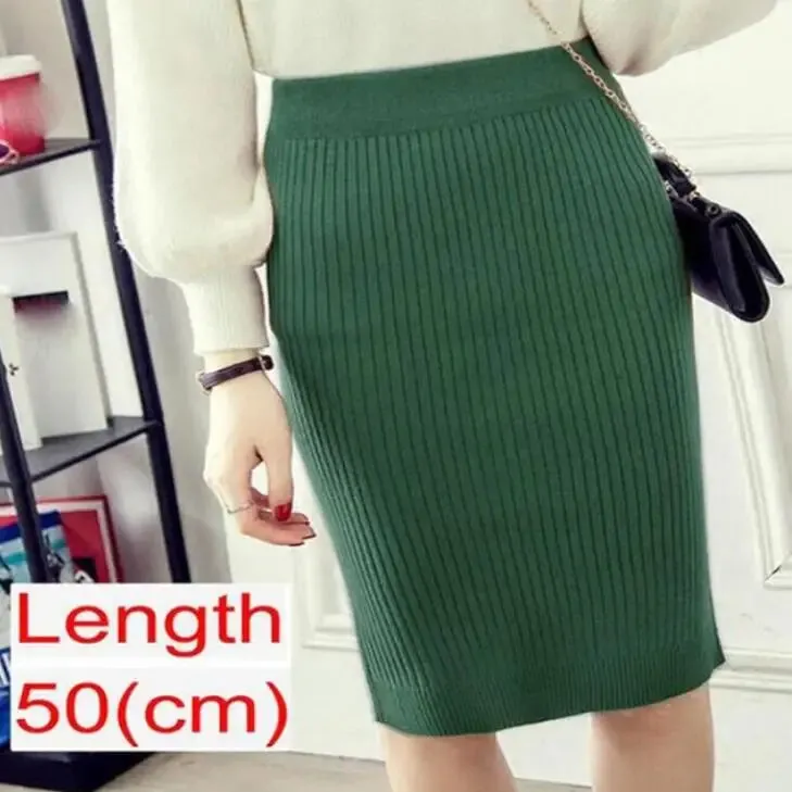 Elegant Midi Knitted Skirts Women 2023 Autumn Winter Ladies Korean High Waist Pencil Skirt Black Warm Long Skirt Jupe Femme