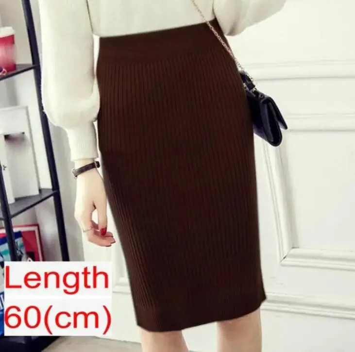 Elegant Midi Knitted Skirts Women 2023 Autumn Winter Ladies Korean High Waist Pencil Skirt Black Warm Long Skirt Jupe Femme