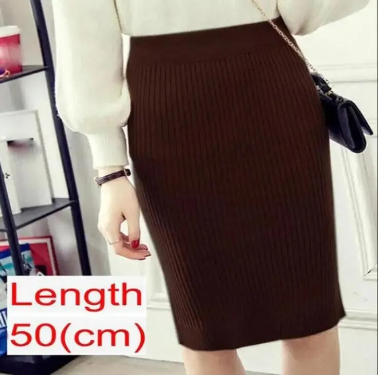 Elegant Midi Knitted Skirts Women 2023 Autumn Winter Ladies Korean High Waist Pencil Skirt Black Warm Long Skirt Jupe Femme