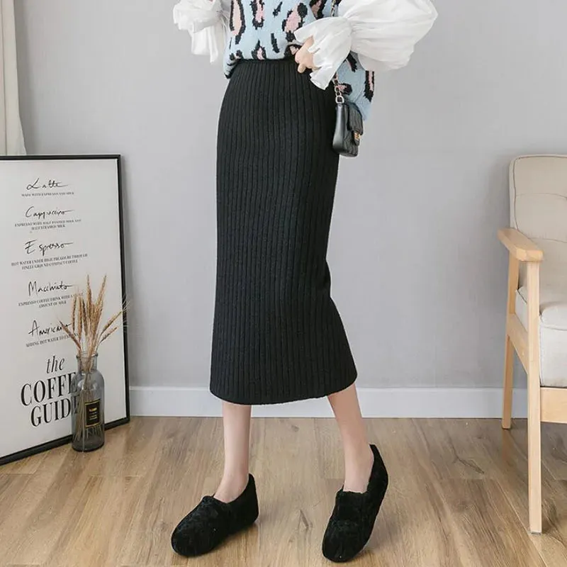 Elegant Midi Knitted Skirts Women 2023 Autumn Winter Ladies Korean High Waist Pencil Skirt Black Warm Long Skirt Jupe Femme