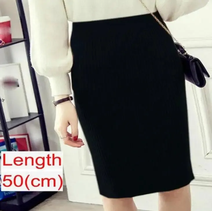 Elegant Midi Knitted Skirts Women 2023 Autumn Winter Ladies Korean High Waist Pencil Skirt Black Warm Long Skirt Jupe Femme