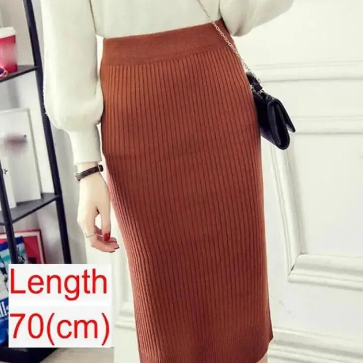 Elegant Midi Knitted Skirts Women 2023 Autumn Winter Ladies Korean High Waist Pencil Skirt Black Warm Long Skirt Jupe Femme