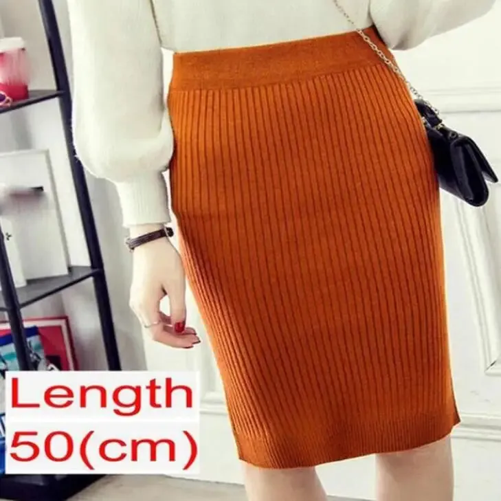 Elegant Midi Knitted Skirts Women 2023 Autumn Winter Ladies Korean High Waist Pencil Skirt Black Warm Long Skirt Jupe Femme