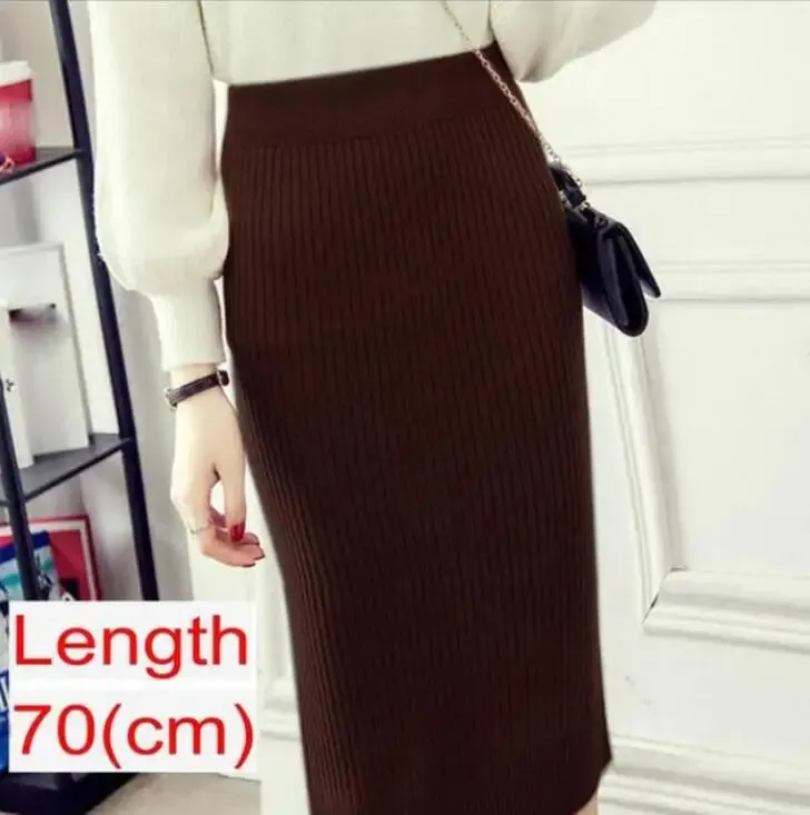 Elegant Midi Knitted Skirts Women 2023 Autumn Winter Ladies Korean High Waist Pencil Skirt Black Warm Long Skirt Jupe Femme