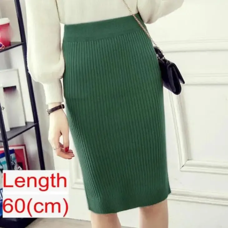 Elegant Midi Knitted Skirts Women 2023 Autumn Winter Ladies Korean High Waist Pencil Skirt Black Warm Long Skirt Jupe Femme