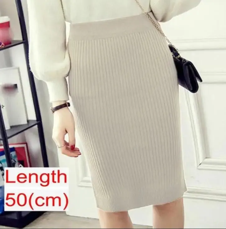 Elegant Midi Knitted Skirts Women 2023 Autumn Winter Ladies Korean High Waist Pencil Skirt Black Warm Long Skirt Jupe Femme