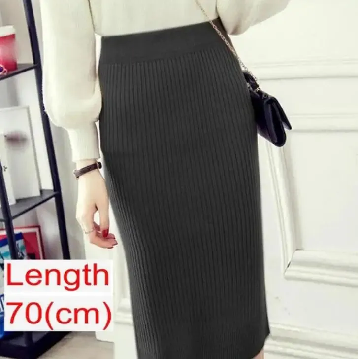 Elegant Midi Knitted Skirts Women 2023 Autumn Winter Ladies Korean High Waist Pencil Skirt Black Warm Long Skirt Jupe Femme