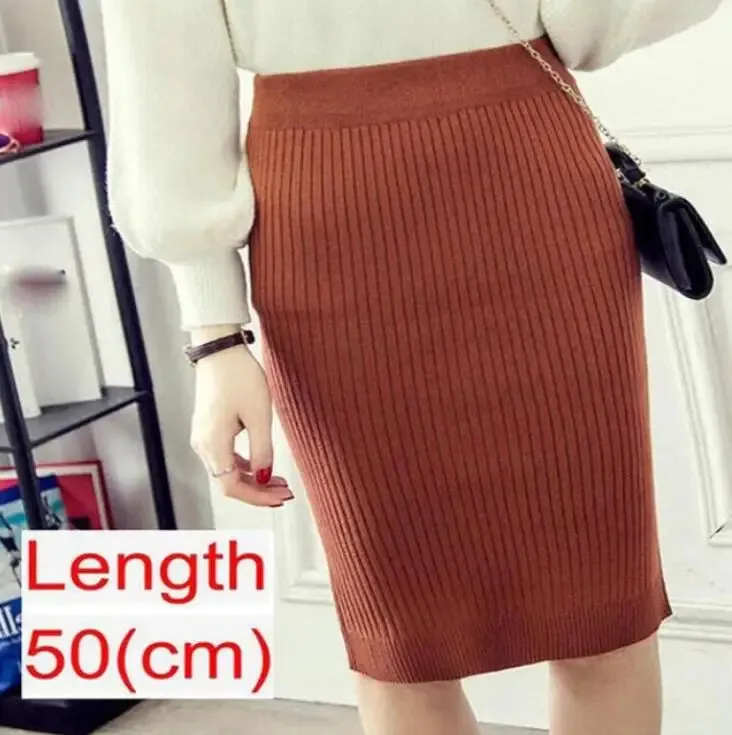 Elegant Midi Knitted Skirts Women 2023 Autumn Winter Ladies Korean High Waist Pencil Skirt Black Warm Long Skirt Jupe Femme