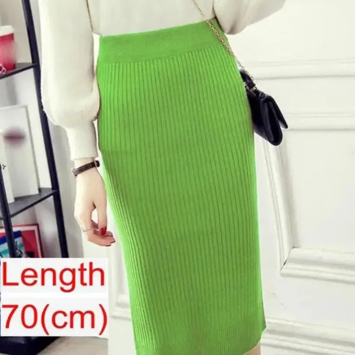 Elegant Midi Knitted Skirts Women 2023 Autumn Winter Ladies Korean High Waist Pencil Skirt Black Warm Long Skirt Jupe Femme