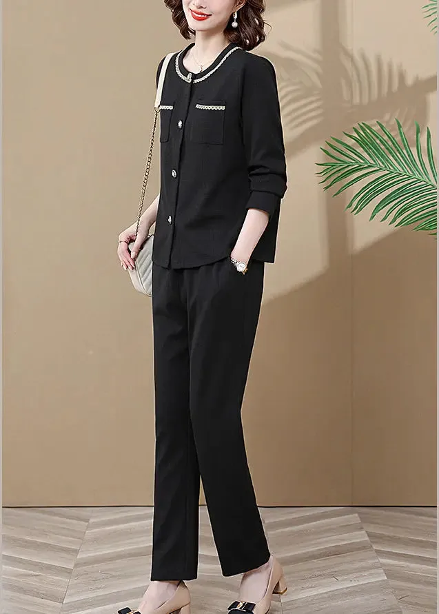 Fashion Black Pockets Patchwork Cardigans And Wide Leg Pants Two Pieces Set Long Sleeve ML0884