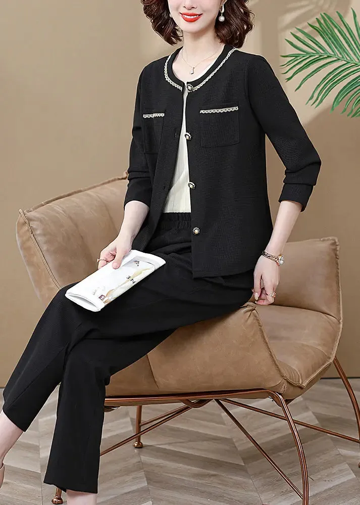 Fashion Black Pockets Patchwork Cardigans And Wide Leg Pants Two Pieces Set Long Sleeve ML0884