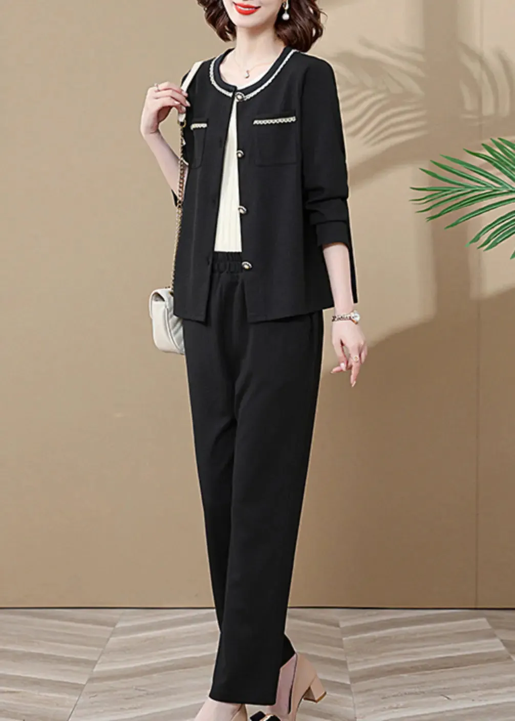 Fashion Black Pockets Patchwork Cardigans And Wide Leg Pants Two Pieces Set Long Sleeve ML0884