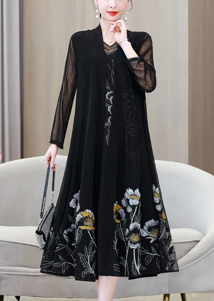 French Black V Neck Embroideried Floral Ice Silk Long Sunscreen Cardigans Summer