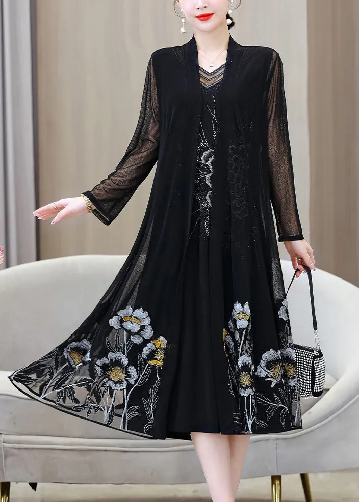 French Black V Neck Embroideried Floral Ice Silk Long Sunscreen Cardigans Summer