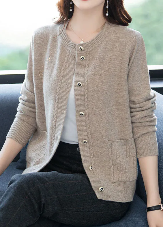 Light Camel Pockets Patchwork Wool Cardigans O-Neck Button Fall LY9189