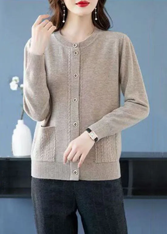 Light Camel Pockets Patchwork Wool Cardigans O-Neck Button Fall LY9189